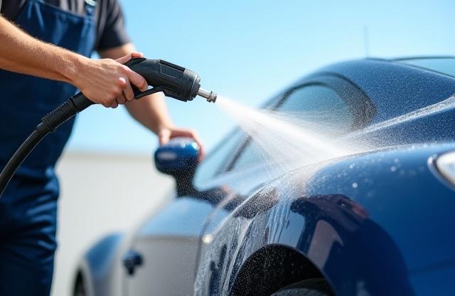 Car being pre-rinsed with a high-pressure washer to remove loose dirt.