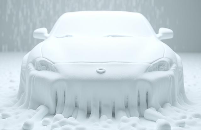 Car covered in thick white car wash foam lifting dirt.