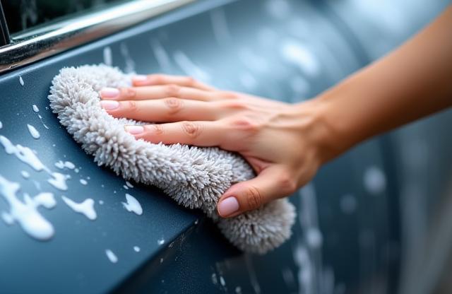 Professional using a soft wash mitt to hand wash a car's side panel.