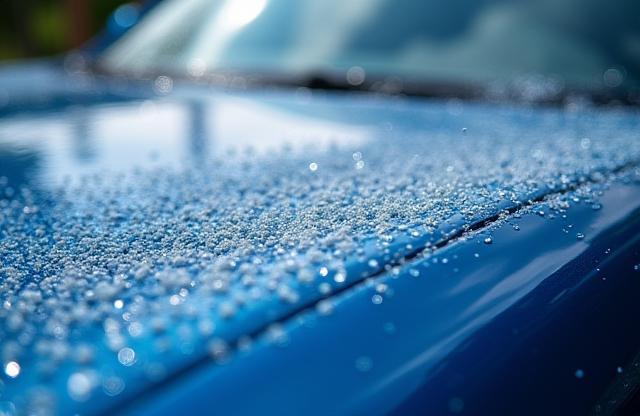 Clean water rinsing off a car surface, showing water beading.
