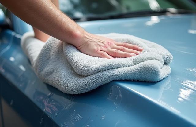 Car being dried with a large, plush microfiber towel by a professional.