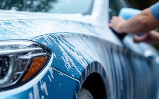 Professional washing of a car exterior with abundant soap and water creating bubbles.