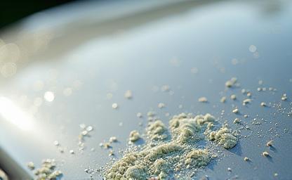 Close-up of bird droppings on a car hood, illustrating the problem.