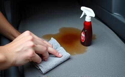 Cleaning a spill on a car's interior carpet with a cleaning product.