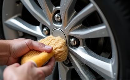 Cleaning the wheel of a car with a brush and wheel cleaner.
